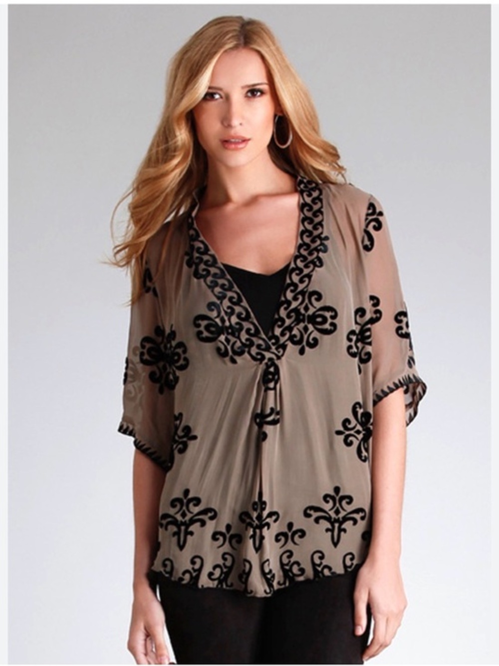 Hale Bob Silk Blend Velvet Burnout Boho Tunic Top Bell Sleeve Taupe Black L